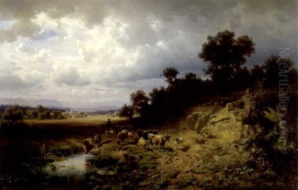 Weite Landschaft Mit Hirten, Kuhen Und Schafen Vor Einer Tranke - view 1