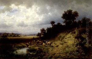 Weite Landschaft Mit Hirten, Kuhen Und Schafen Vor Einer Tranke by Heinrich Hofer