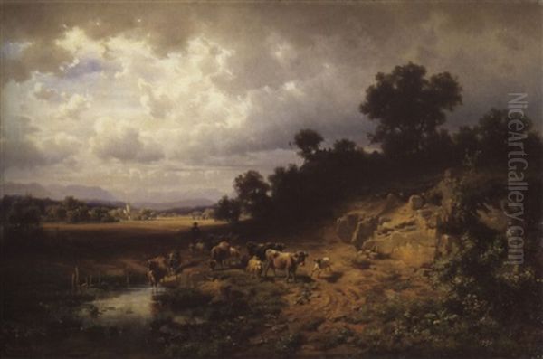 Weite Landschaft Mit Hirt Und Kuhen Und Schafen Vor Einer Tranke - view 1