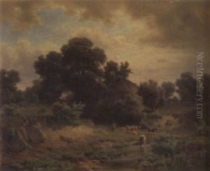 Landschaft Mit Viehherde An Einer Furt by Heinrich Hofer