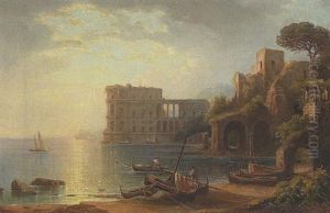 Phantastische Kustenlandschaft Mit Palastruine Im Abendlicht Phantastische Kustenlandschaft Mit Palastruine Im Abendlicht