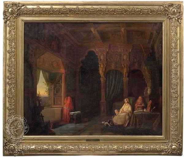 Abendliches Schlossinterieur. Eine Dame Im Lehnstuhl Beobachtet Durch Das Fenster Den Sonnenuntergang, Wahrend Ihr Kind Mit Einem Hund Spielt - view 1