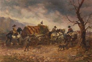 Mittelalterliches Fahnlein Mit Marketenderwagen In Herbstlicher Vorgebirgslandschaft Mittelalterliches Fahnlein Mit Marketenderwagen In Herbstlicher Vorgebirgslandschaft