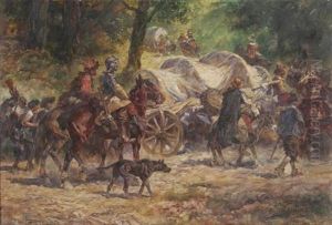 Reisende Im Wald. Reiter Mit Kutschen Auf Einem Waldweg by Anton Hoffmann
