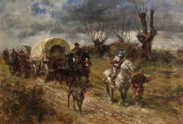 Ziehende Landsknechte Mit Planwagen Auf Der Landstrase - view 1