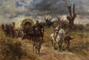 Ziehende Landsknechte Mit Planwagen Auf Der Landstrase