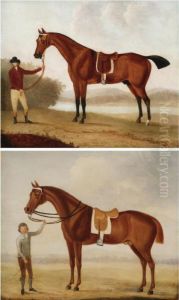 A Chestnut Racehorse Held By A Jockey; And A Bay Racehorse Held By A Groom by Benjamin Barker