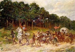 A Horseman Leading A Troup Of Armed Peasants Through A Forest During The Thirty Year War