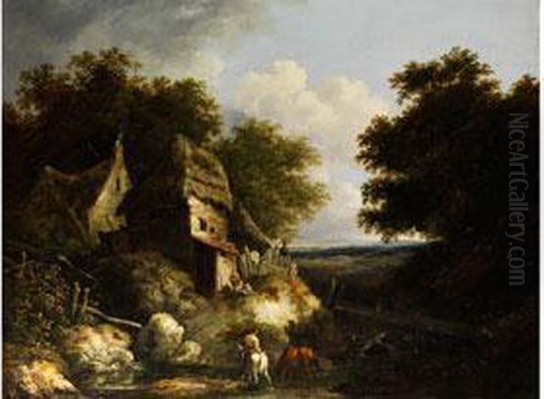 Landschaft Mit Strohgedeckten Hutten Unter Baumkronen Mit Figurenstaffage Und Pferden Am Fluss - view 1