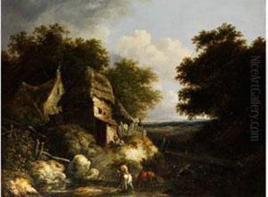 Landschaft Mit Strohgedeckten Hutten Unter Baumkronen Mit Figurenstaffage Und Pferden Am Fluss