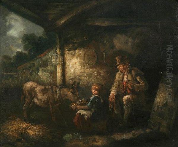 An Irish Cabin, - Peasant Figures And Donkey By A Cottage - view 1