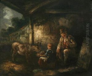 An Irish Cabin, - Peasant Figures And Donkey By A Cottage by Benjamin Barker