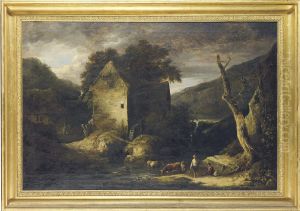A Pastoral Landscape With A Watermill, Figures And Cattle In Theforeground by Benjamin Barker