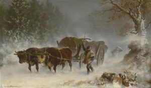 Holzfaller Mit Ochsengespann Im Winter by Carl Heinrich Hoffmann