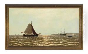A Sailing Boat Approaching A Dutch Harbor by George Johannes (Jan) Hoffmann