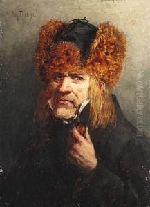 Portrait Of A Pipe Smoking Russian Man With Long Hair And Fur Hat by Oskar Adolfowitsch Hoffmann