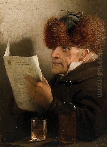 A Man With Fur Hat In An Interior Reading A Letter And Having A Drink - view 1