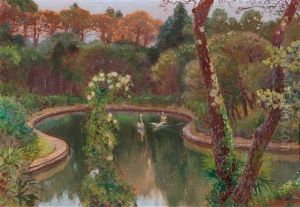 Swans In The Park At Miramare Castle Near Trieste by Karl Hofmann