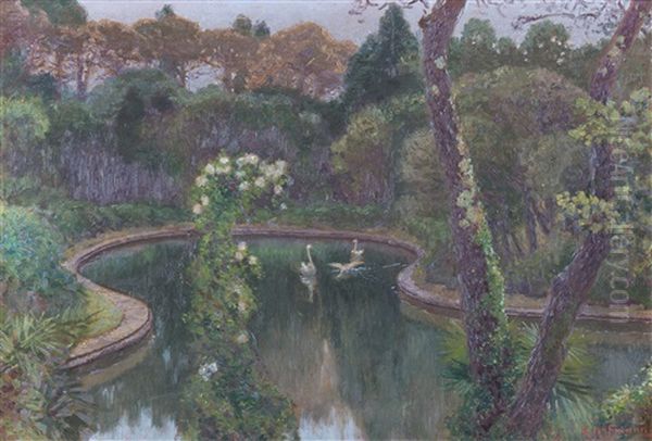 Sudlandischer Park Mit Brunnenanlage Und Schwanen Signiert Unten Rechts: K. Hofmann - view 1