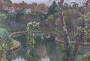 Sudlandischer Park Mit Brunnenanlage Und Schwanen Signiert Unten Rechts: K. Hofmann by Karl Hofmann