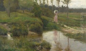 Sur Loing Bei Montigny (dame In Rot) by Ludwig Von Hofmann