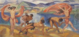 Tanzende In Weiter Landschaft by Ludwig Von Hofmann