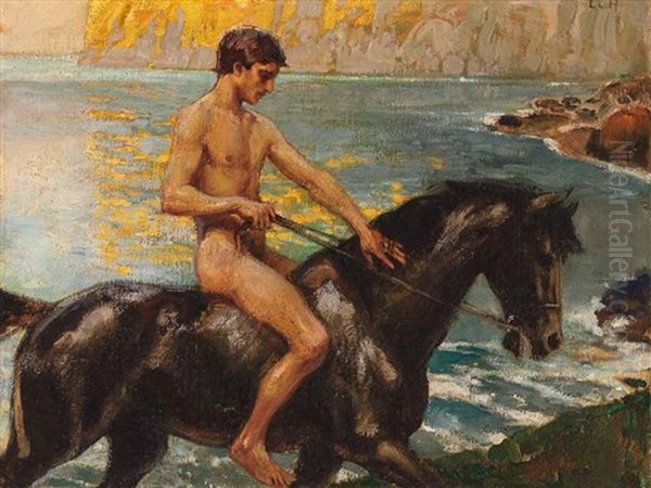 Nackter Knabe Zu Pferd Am Strand Einer Felsigen Meereskuste - view 1