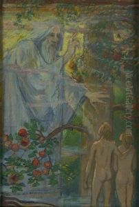 Gottvater Warnt Adam Und Eva Mit Erhobenem Finger Vor Dem Sundenfall (apfelessen) Im Paradies by Ludwig Von Hofmann