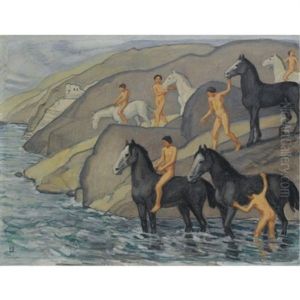 Zug Zur Schwemme (leading Their Horses To Water) by Ludwig Von Hofmann