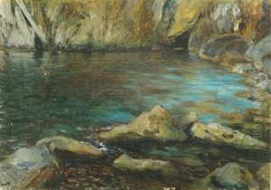 Das Felsenufer Und Die Einfahrt Zur Blauen Grotte Auf Capri by Ludwig Von Hofmann