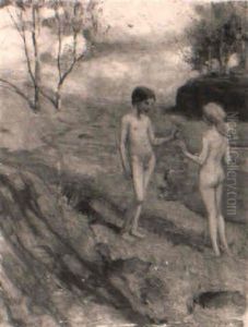 Kindliches Liebespaar In Landschaft by Ludwig Von Hofmann