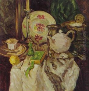 Stilleben Mit Geschirr Und Buch by Max Hofmann
