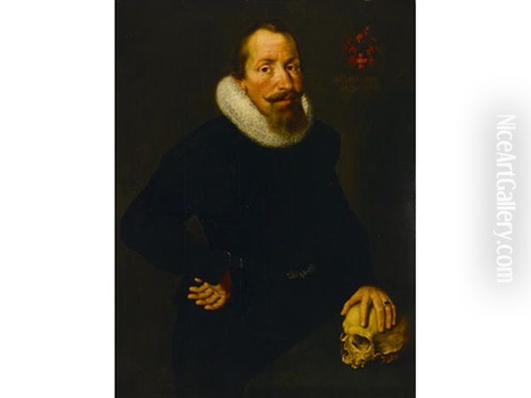 A Portrait Of A Gentleman, Three-quarter Length, Standing By A Table, His Left Hand Resting On A Skull - view 1