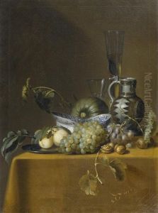 Stilleben Mit Fruchten, Porzellanschalen, Steinzeugkrug Und Trinkglasern by Samuel Hofmann