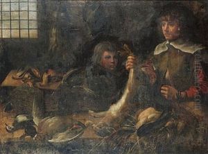 Two Boys In A Kitchen With A Dead Hare, Lapwing And Mallard On A Table Before Them, Dead Hares And Songbirds Hanging On The Wall And Dead Finches On A Table Beneath A Window Behind by Samuel Hofmann
