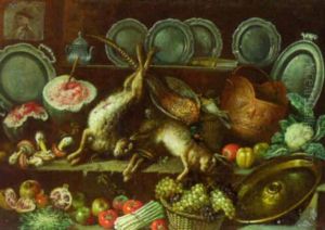 Dead Hares, A Pheasant, Funghi, Fruits, Asparagus And A Salver With Pewter Plates On A Shelf Dead Hares, A Pheasant, Funghi, Fruits, Asparagus And A Salver With Pewter Plates On A Shelf
