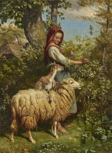 A Temptation Young Shepherdess With A Sheep And A Goat by Johann Baptist Hofner