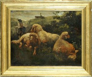 Drei Liegende Schafe Und Hirte Auf Almwiese by Johann Baptist Hofner