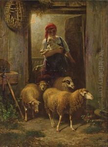 Shepardess And Her Flock by Johann Baptist Hofner