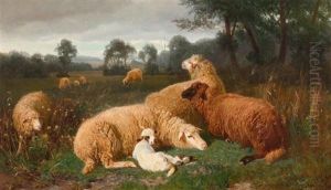 Ruhende Schafe In Aresinger Landschaft by Johann Baptist Hofner