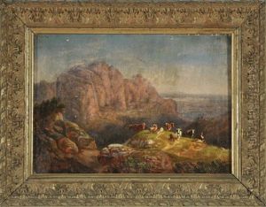 Hirte Mit Weidenden Kuhen Und Schafen In Einer Berglandschaft by Franz Xaver Von Hofstetten
