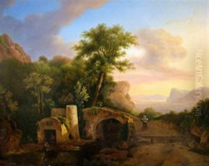 Figures By A Bridge With A Ruin, Woodland And A Coastal Landscape Beyond by Franz Xaver Von Hofstetten