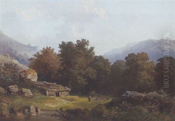 Ziegenhirte Mit Herde In Bergiger Baumlandschaft - view 1