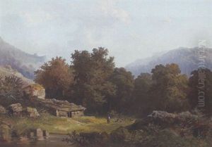Ziegenhirte Mit Herde In Bergiger Baumlandschaft