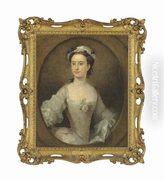 Portrait Of A Lady, Traditionally Identified As Margaret Peg Woffington (1720-1760), Half-length, In A White Satin Dress With A Pink Rose, In A Painted Oval - view 1