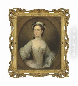 Portrait Of A Lady, Traditionally Identified As Margaret Peg Woffington (1720-1760), Half-length, In A White Satin Dress With A Pink Rose, In A Painted Oval