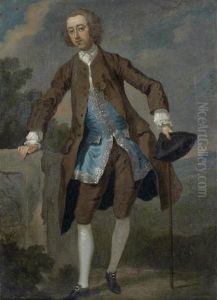 Portrait Of Gustavus Hamilton, 2nd Viscount Boyne, Full-length, In A Brown Coat And Blue Waistcoat, Before A Landscape by William Hogarth