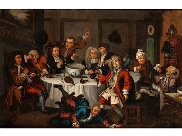 Pfeiferauchende Und Trinkende Manner Um Einen Runden Tisch - view 1