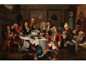 Pfeiferauchende Und Trinkende Manner Um Einen Runden Tisch by William Hogarth