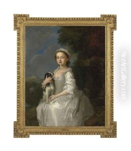 Portrait Of A Young Girl, Half-length, Seated, In A White Dress, A King Charles Spaniel On Her Lap, In An Ornamental Park, With A Hill-top Castle Beyond